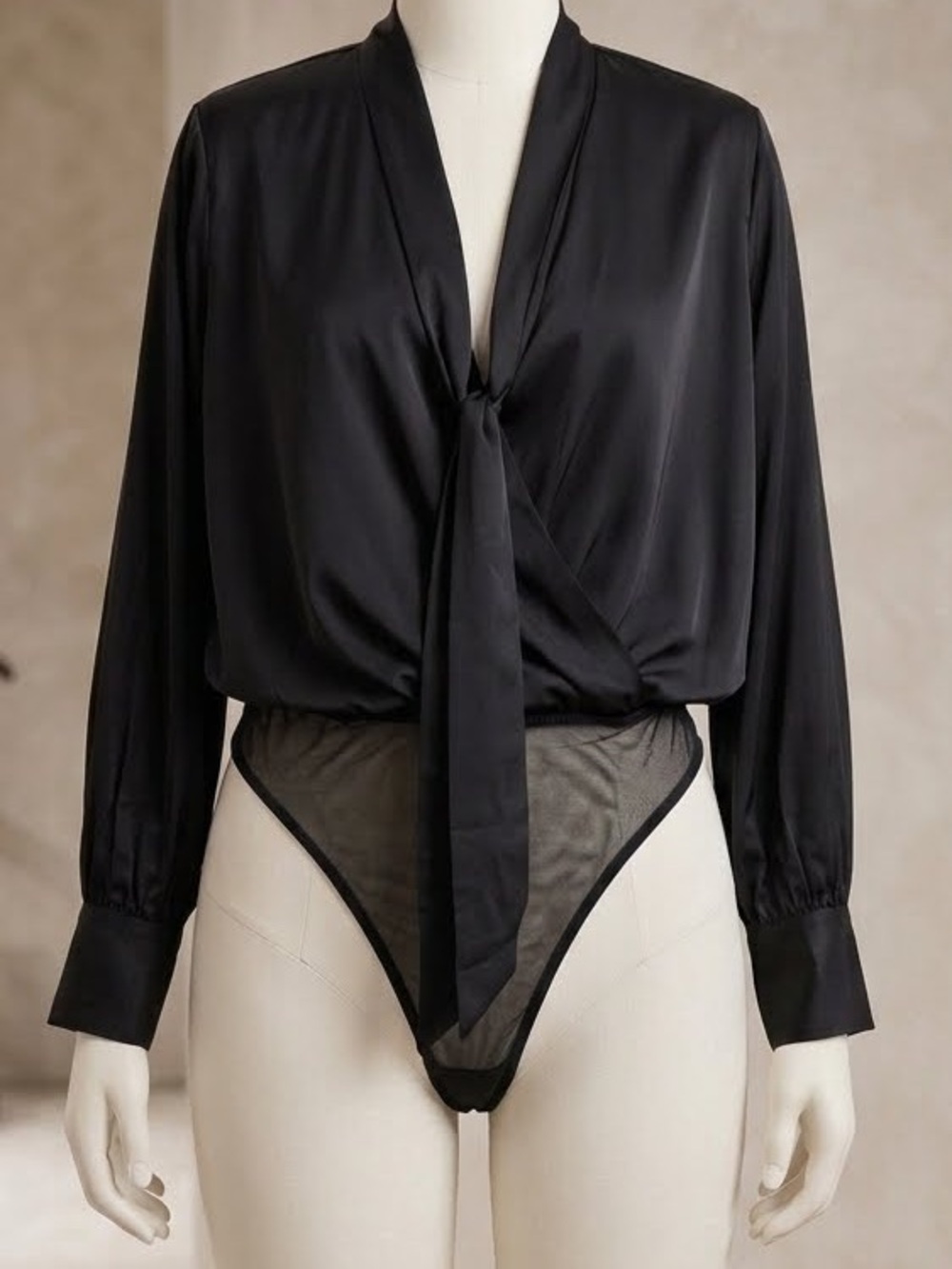 PeachPuff Bodysuit Black Satin Tie-Front Mesh Snap Thong Faux Wrap Button Cuff L